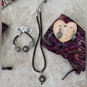 Brighton Jet Silver Floral Medallion Bracelet, earrings & necklace set